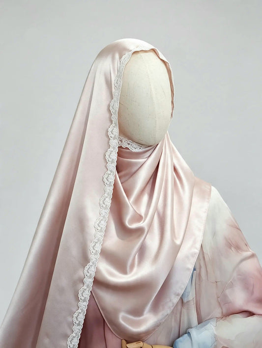 Lace Trim Silk Hijab Scarf Blush Pink