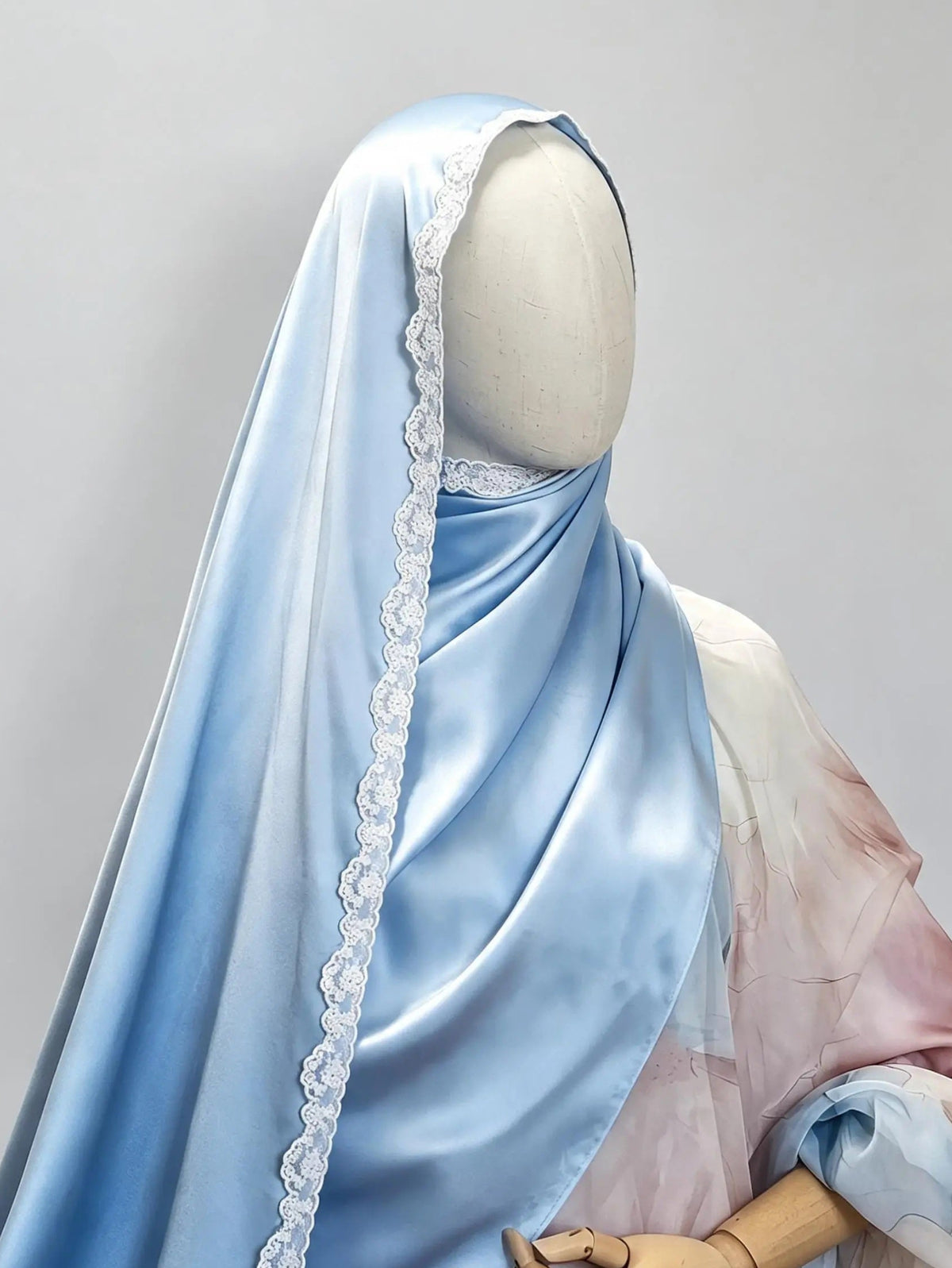 Lace Trim Silk Hijab Scarf Sky Blue