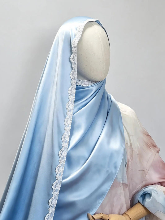 Lace Trim Silk Hijab Scarf Sky Blue